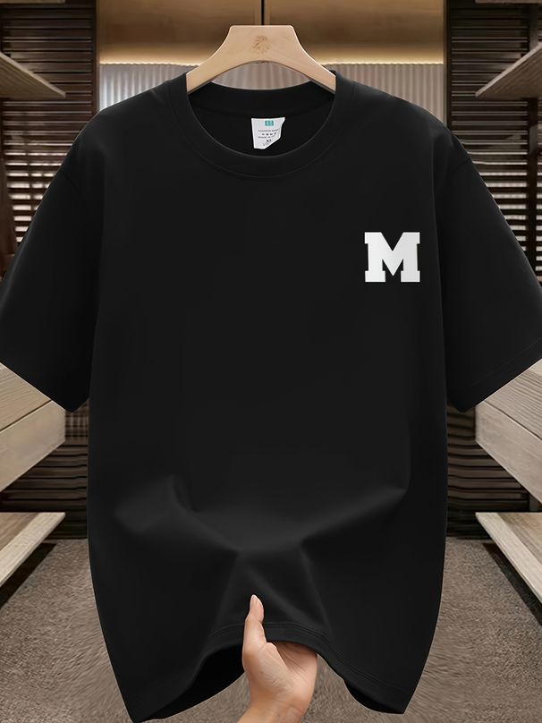 Maglietta Uomo 180g Cotone Pesante Stampa Lettera M Evidente, Tessuto Traspirante Confortevole, Modello Versatile Per Outfit Quotidiani Estivi Casual_viptrois.com