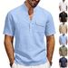 Men's Summer Linen Shirt Loose Fit Casual Commuter Workwear Henley Short Sleeve Simple Mature Style_viptrois.com