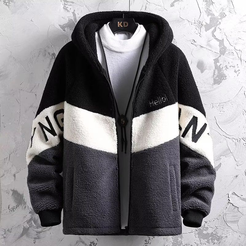 Plus Size Men's Fleece Jacket – Oversized Sherpa Hooded Coat (Black/Grey, British Style, Loose Fit, Sizes M-8XL, Machine Washable)_viptrois.com