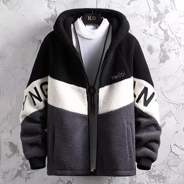 Plus Size Men's Fleece Jacket – Oversized Sherpa Hooded Coat (Black/Grey, British Style, Loose Fit, Sizes M-8XL, Machine Washable)_viptrois.com