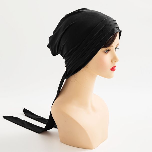 new solid color crystal four stripe long tail turban hat women's hat streamer religious hat women's style_viptrois.com