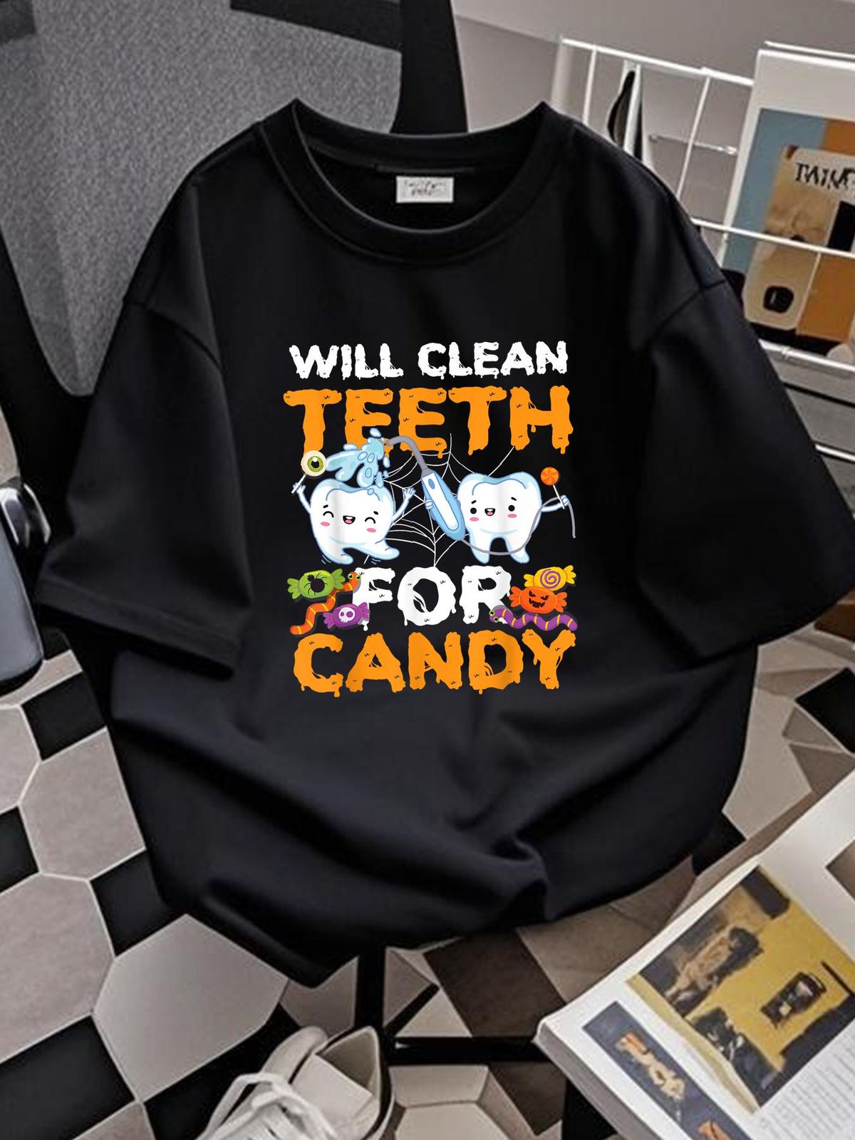 Dentist Dental Assistant Hygienist Halloween Tooth T-Shirt Slightly Women Top Graphic Tees Graphic Designer Clothes Top For Everyday Wear Streetwear Stretched Casual Comfortable Soft Breathable Unisex Female Fashion T-Shirt For Women Casual Stylish_viptrois.com