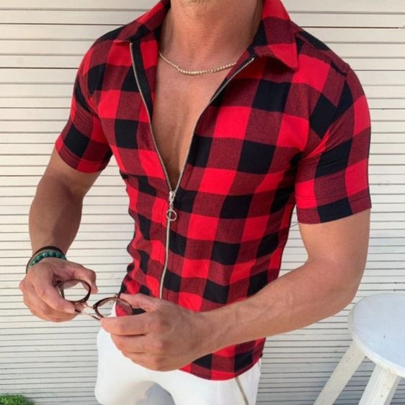 Men's Clothing Lapel Four Sided Stretch Plaid Printed Shirt Slim Fashion Zipper Cardigan Short Sleeved_viptrois.com