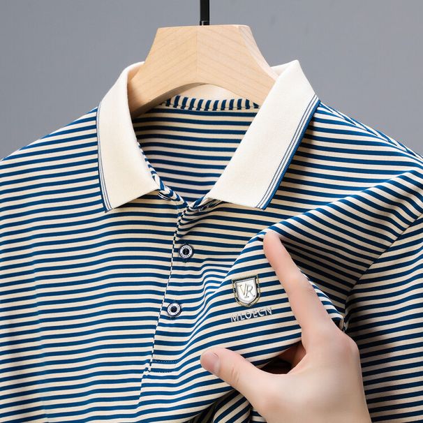2024 Summer New Shirt Men's Polo Collar Thin Middle And Elderly T-shirt Short Sleeved Striped Top_viptrois.com