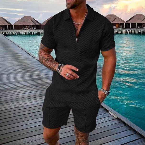 Men's Clothing New Summer Solid Color Jacquard Short Sleeve Men's Fashion Casual Lapel Suit_viptrois.com