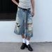 Men's Clothing Retro Hole Wide Leg Jeans For Men And Women Summer Washed Distressed High Waist Loose Straight Leg Seven Point Jeans_viptrois.com