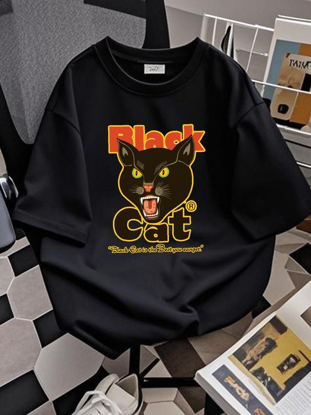 Cat Fireworks Horror Scary Funny Gift Retro Vintage Mens T-Shirts Tee Top #D Slightly Top For Everyday Wear Versatile Fashion Summer Stretched_viptrois.com