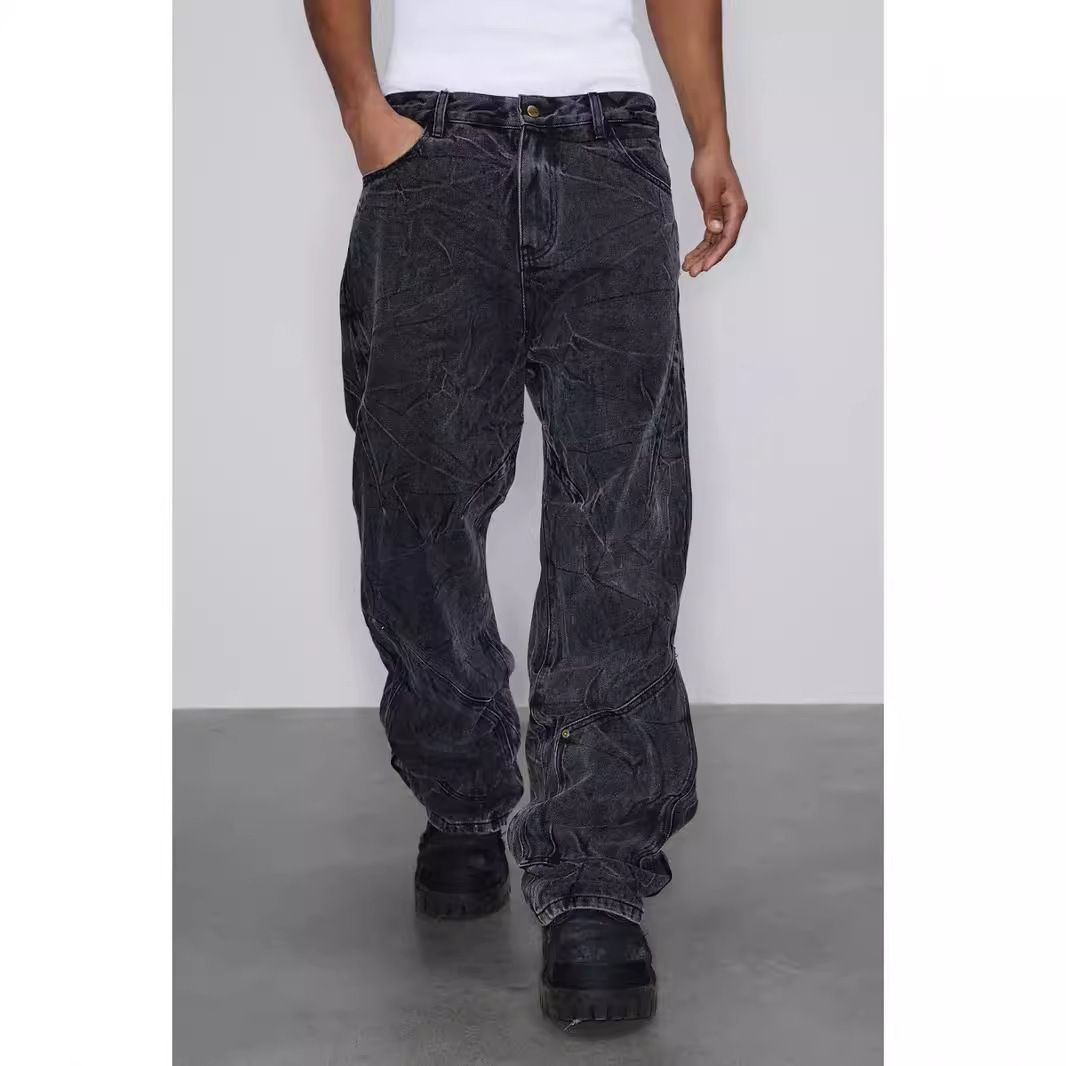 Men's Clothing American Cleanfit Retro Snowflake Washed Jeans For Men Heavy Duty Distressed Ripple Pleated Vibe Straight Pants_viptrois.com