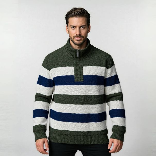 Men's Half-Zip Fleece Sweater – Thickened Striped Knit Pullover With Thermal Lining (Machine Washable, Stretch Comfort, 3 Colors, Straight Fit)_viptrois.com