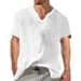 2025 Summer Men's V-neck Short Sleeve Casual Trend Cotton Linen Shirt T-shirt Top Now_viptrois.com