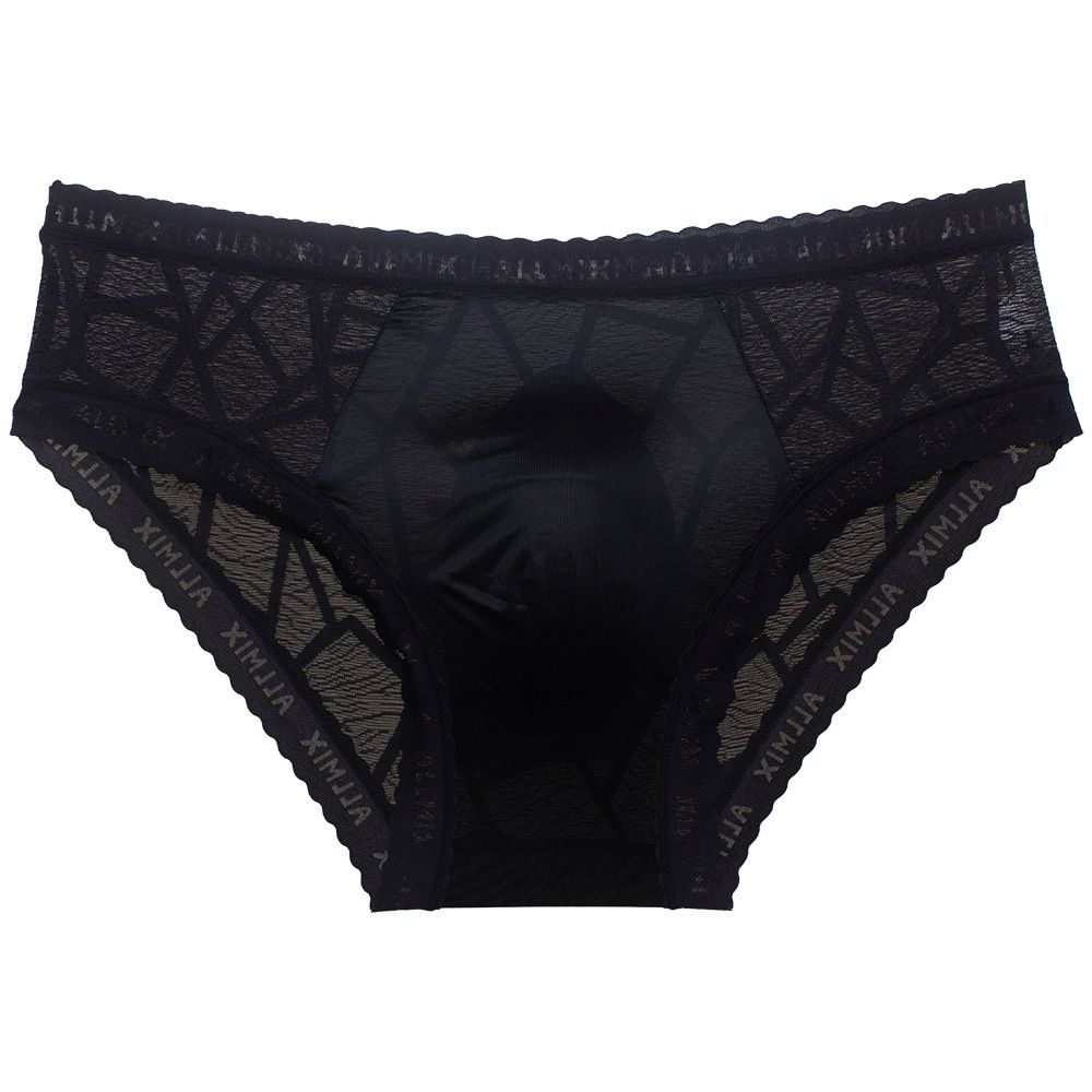 Pulse Cross-Border Foreign Trade Men's Underwear 3D Bulge Sexy Letter Semi-Transparent Ice Silk Hollow Lace Thin Triangle_viptrois.com