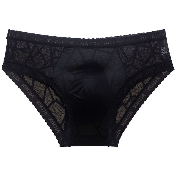 Pulse Cross-Border Foreign Trade Men's Underwear 3D Bulge Sexy Letter Semi-Transparent Ice Silk Hollow Lace Thin Triangle_viptrois.com