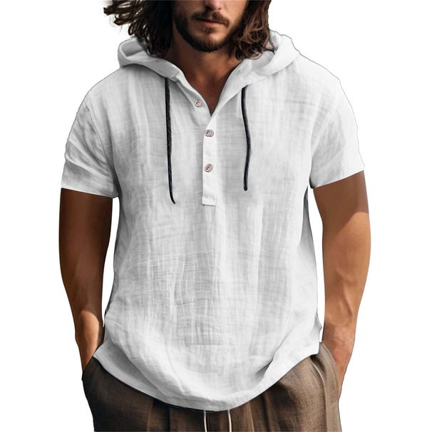 2025 New European American Style Cotton And Linen Shirt Sweatshirt Short Sleeve Hooded Spring Summer Casual Men's Beach_viptrois.com