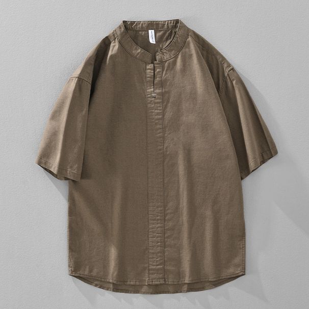Cotton And Linen New Men's Pullover Casual Stand Collar Short Sleeved Embroidered Solid Color Loose Top_viptrois.com