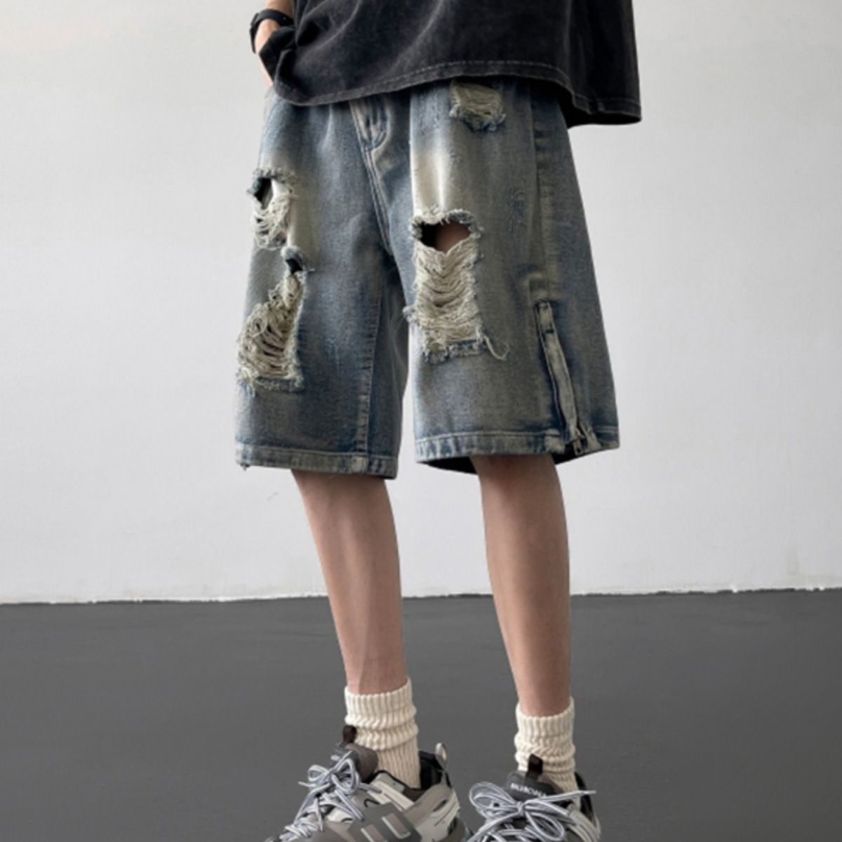 Men's Clothing Ripped Denim Shorts Men's Summer Thin American High Street Zipper Slit Loose Straight Casual Five Point Pants_viptrois.com