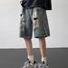 Men's Clothing Ripped Denim Shorts Men's Summer Thin American High Street Zipper Slit Loose Straight Casual Five Point Pants_viptrois.com