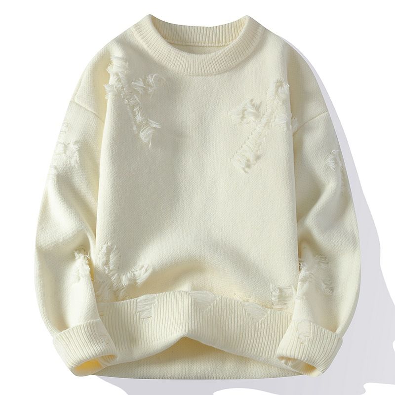 Men's Crew Neck Pullover Long Sleeve Ripped Sweater Trendy Men's Casual Warm Knitted Sweater_viptrois.com