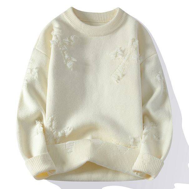 Men's Crew Neck Pullover Long Sleeve Ripped Sweater Trendy Men's Casual Warm Knitted Sweater_viptrois.com
