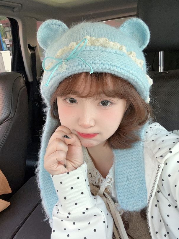 Little Bear Hooded Female Cute Big Head Cover Ear Warmth Three Dimensional Bow Show Face Small Knitted Hat Student_viptrois.com