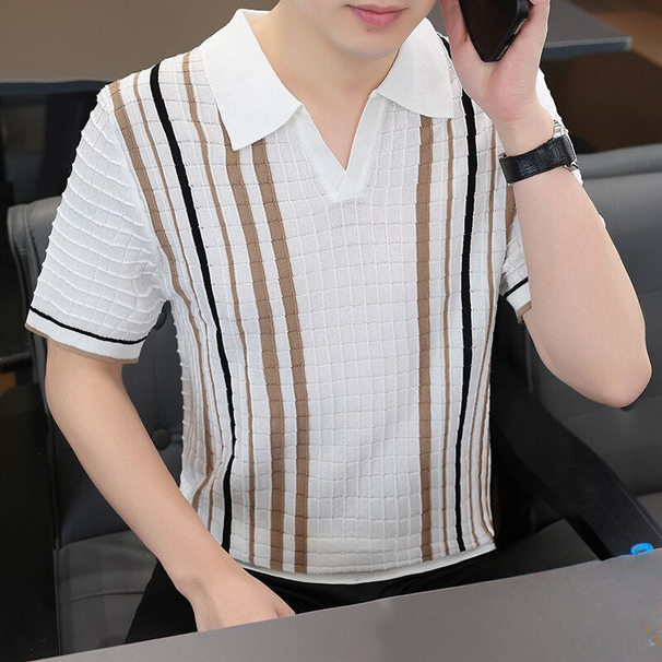 Summer New Collection: Ice Silk, Leading Striped Collar Polo Sweater, Short Sleeve Knitted T-shirt_viptrois.com