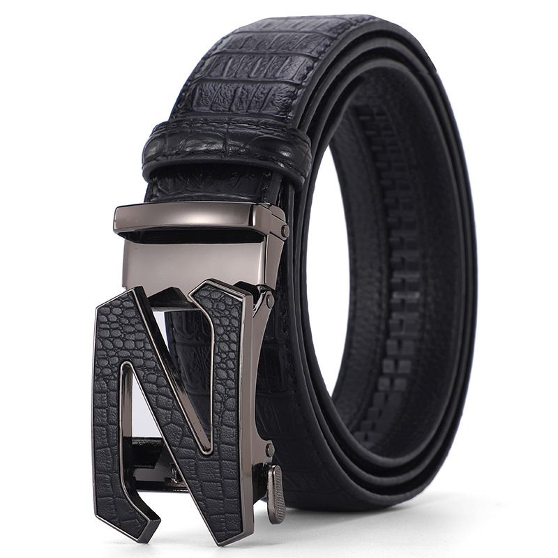 Men's Leather Belt Automatic Buckle Belt New Style Leather Letter Buckle Belt Fashionable All Match_viptrois.com