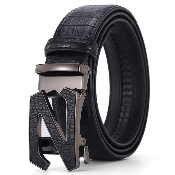 Men's Leather Belt Automatic Buckle Belt New Style Leather Letter Buckle Belt Fashionable All Match_viptrois.com