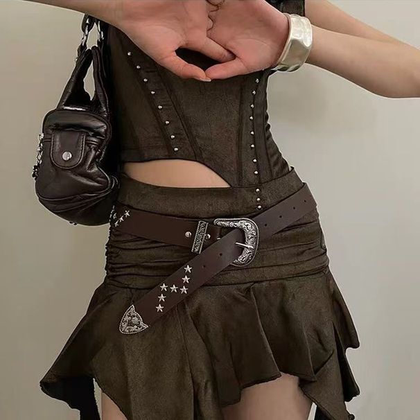 American Leather Belt Retro Pentagram Pattern Buckle Belt Sweet Cool Spice Girl Versatile Clothing Waist Accessories_viptrois.com