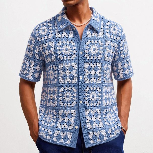 Cross Border Men's Summer New Style Blue And White Checkered Crochet Hollow Short Sleeved Polo Shirt Outdoor Casual Knitwear SY0005_viptrois.com