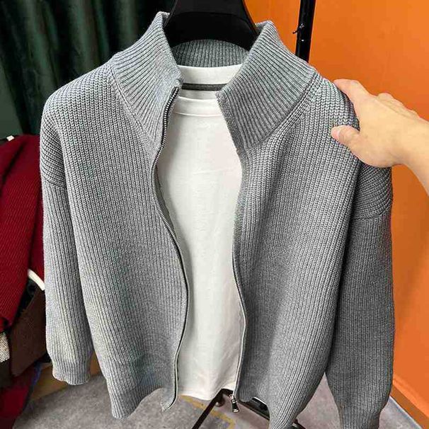 Solid Color Versatile Zipper Men's Knitted Sweater, Autumn And Winter Slim Fit Sweater Jacket, Trendy Brand Stand Up_viptrois.com
