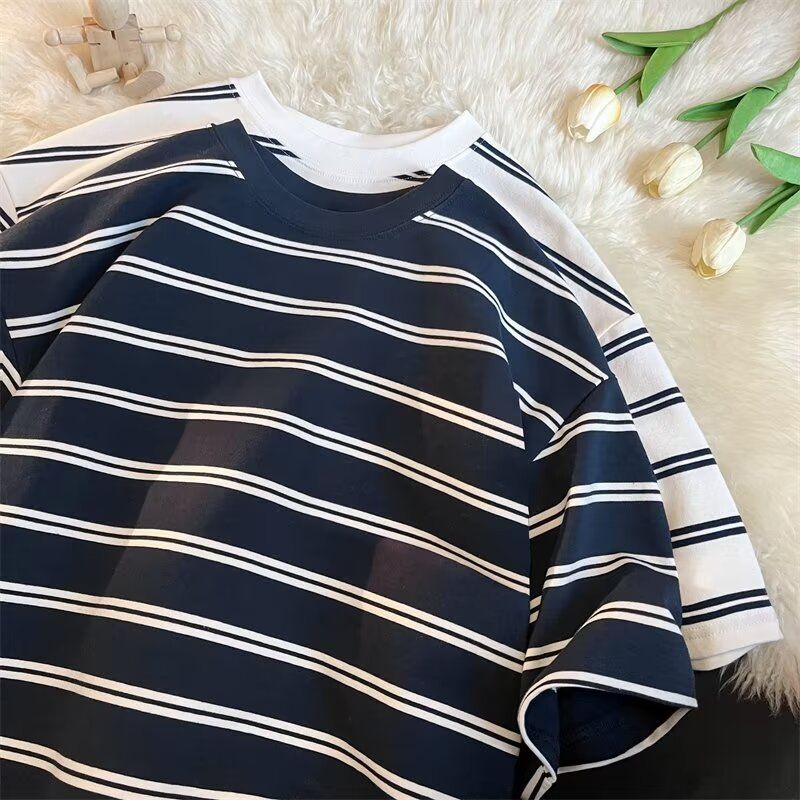 Pure Cotton Striped Sweatshirt For Men, Spring And Autumn, Hong Kong Style, Loose Fit, Student Couple Jacket, Trendy_viptrois.com