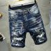 Ink Splash Hole Denim Shorts Men's Trendy Brand Slim Fit Skinny Summer Thin Five Point Mid Length Pants_viptrois.com