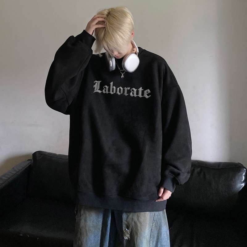 Loom Loom Ume Purple Suede Round Neck Sweatshirt Men Retro Trendy Loose Heavyweight European And American Long Sleeve T-Shirt_viptrois.com