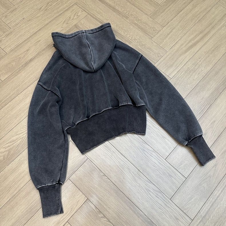 2026 Autumn Washed Embroidery Retro Niche Old Widened Thread Short Cardigan Hooded Jacket_viptrois.com