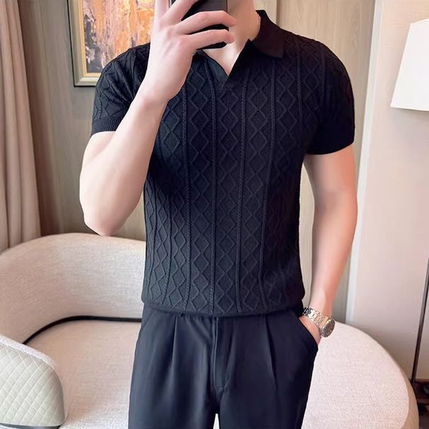 Men's ClothingShort Sleeved Sweater Men's Textured POLO Shirt Lapel V Neck Slim Fit Business T Shirt_viptrois.com