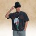 American-syle Washed Disressed Shor T-shir Wih Full Porrai Prin And Oversized Design, One-piece Raglan_viptrois.com