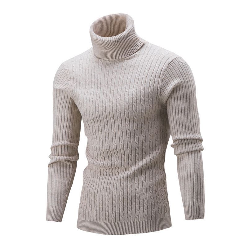 Men's Clothing Winter Youth High Collar Men's Winter Knit Sweater High Neck Thickened Solid Color Striped Pullover Casual Warm Turtleneck Sweater_viptrois.com