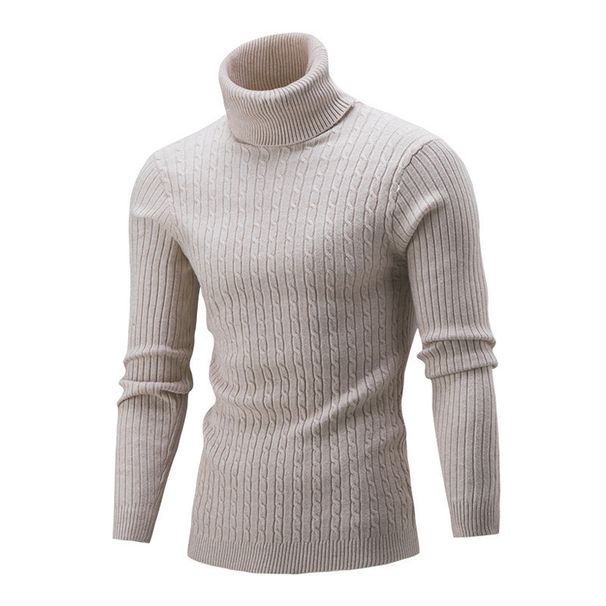 Men's Clothing Winter Youth High Collar Men's Winter Knit Sweater High Neck Thickened Solid Color Striped Pullover Casual Warm Turtleneck Sweater_viptrois.com