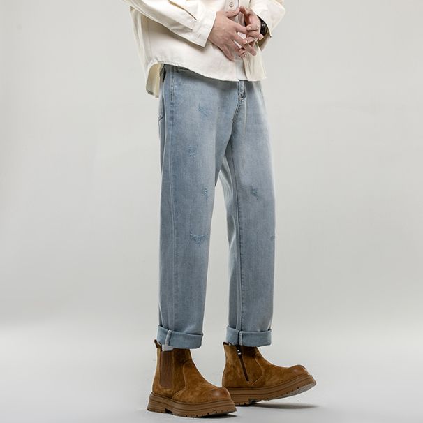 American Retro Spring Jeans, Men's Straight Harlan Small Feet Trendy Brand Washed Double Craft Middle Waist Youth Big Elasticity_viptrois.com