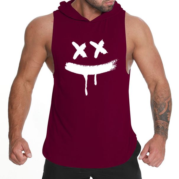 New Sports Training Fitness Running Outdoor Muscle Smiling Face Printed Cotton Loose Hooded Tank Top Sweater_viptrois.com