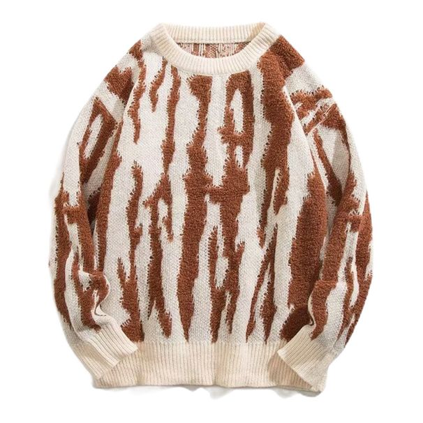 Men's Plus Size Zebra Stripe Knit Sweater – Oversized Pullover With Asymmetric Pattern (Gray/Beige)_viptrois.com