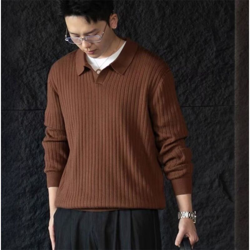 Solid Color Pit Stripe Pullover Knitted Sweater For Autumn And Winter Fashion, Wool Solid Color Thread Sweater_viptrois.com