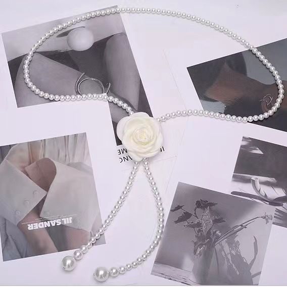 Camellia Pearl Waist Chain Accessory Women, Black White Flower Belt Decoration For Dresses And Skirts, Style Thin_viptrois.com