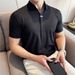 Men's Clothing The New Men's Elastic V Neck Short Sleeved Polo Shirt Light Luxury Texture Dark Stripes Ice Silk Seamless Lapel T Shirt_viptrois.com