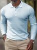 Men's Solid Color Long Sleeved Polo Fashionable Loose Button T-shirt Lapel Top_viptrois.com