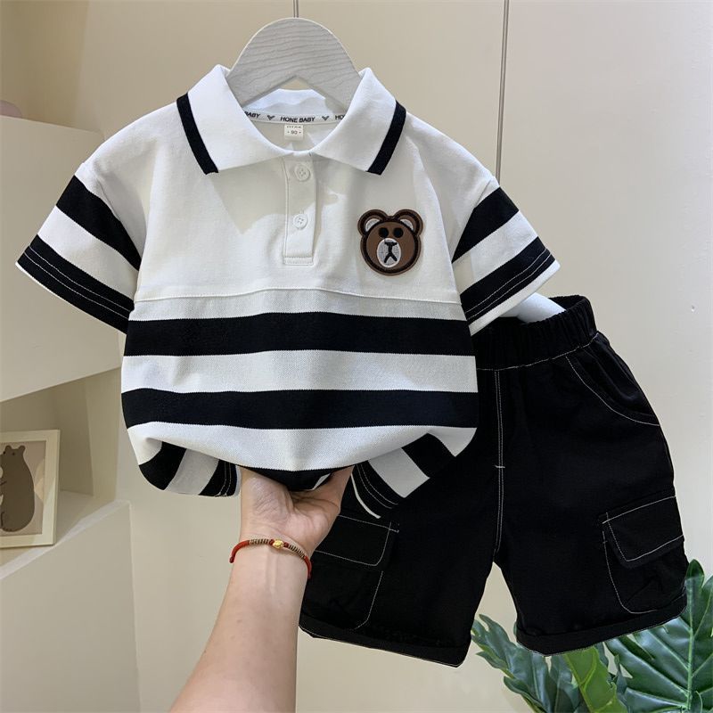 Boys Summer Polo Shirt Suit 2024 New Style Children's Short Sleeved Clothes Baby Internet Celebrity Fashionable Two Piece Suit_viptrois.com