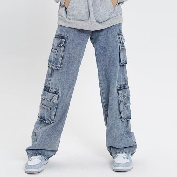 Men's Clothing Fashion Brand Workwear Men's Multi Pocket Heavyweight High Street Jeans Casual Pants Design Retro Spring And Autumn Pants Blue_viptrois.com
