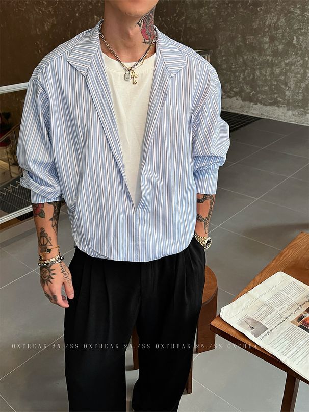 Men's Clothing New Style Old Money Striped Faux Two Piece V Neck Long Sleeve Shirt Men's Loose Casual Trendy Shirt Jacket_viptrois.com