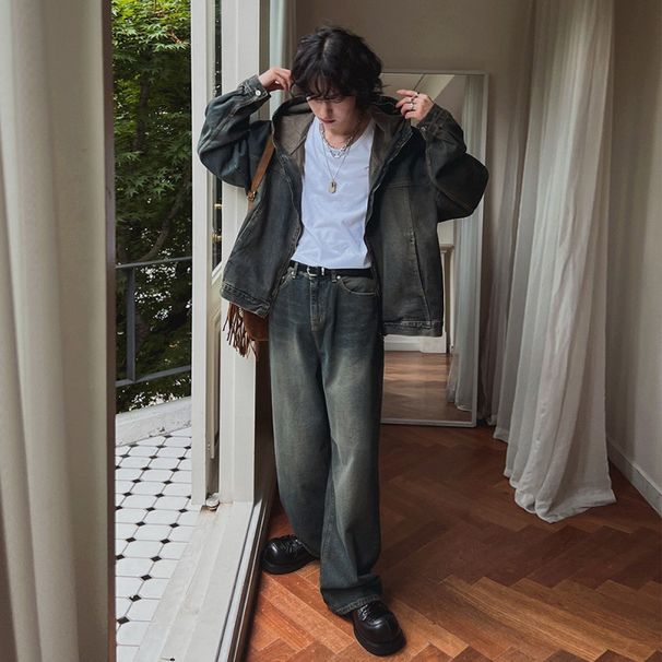 Men's Clothing Autumn Retro Distressed Denim Suit Men's Loose Hooded Jacket Korean Style Trendy Straight Jeans_viptrois.com