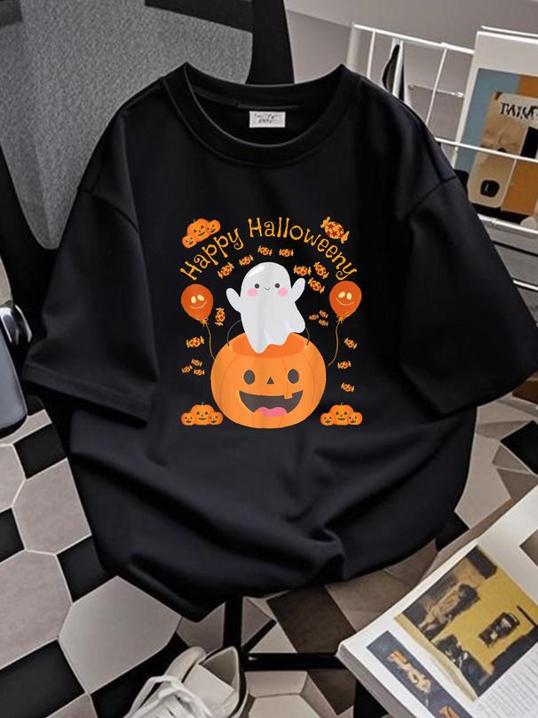 Happy Halloween -y Cute Boys And Girls Costume As A Ghost T-Shirt Top For Everyday Wear Women Print Round Neck Short Sleeve Comfortable Versatile Fashion Unisex Graphic Summer Slightly Soft Breathable Streetwear Designer Clothes Stylish_viptrois.com