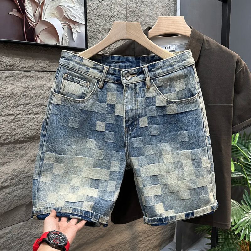 Heavyweight Checkerboard Denim Shorts For Men, Vintage Washed Distressed American Retro Style Casual 5-Pocket Knee-Length Shorts_viptrois.com